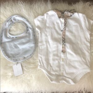 Burberry onesie Gently used and Burberry Bib NWT